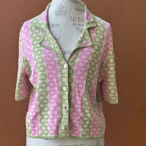 House of Harlow 1960 Retro Knit Button Front Blouse Pink Green Geometric Top S